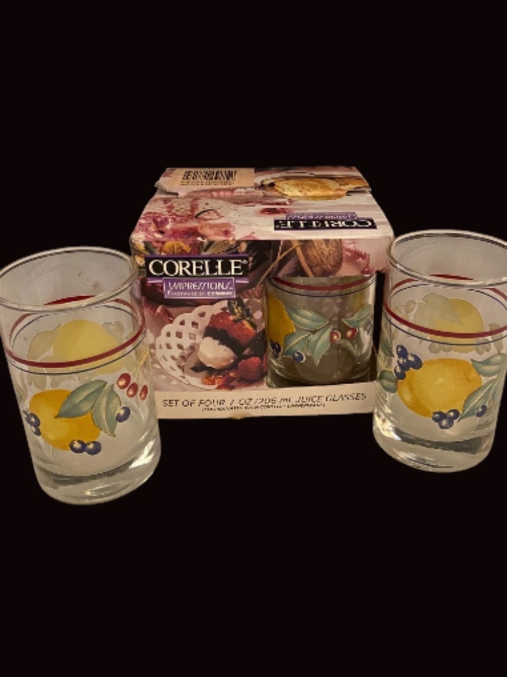 New Vintage Corelle Impressions "Abundance" Juice Glasses. Set of 4.